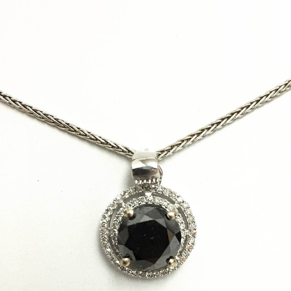 1.88 CTW Black Diamond and White Halo Diamond 14K White Gold Pendant & 14K Chain